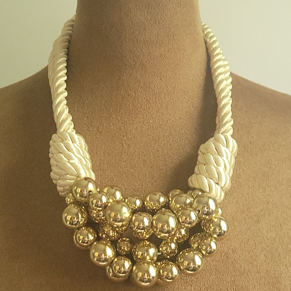 Vintage Mika Gold Ball Cluster Cream Twisted Rope Statement Necklace 16"